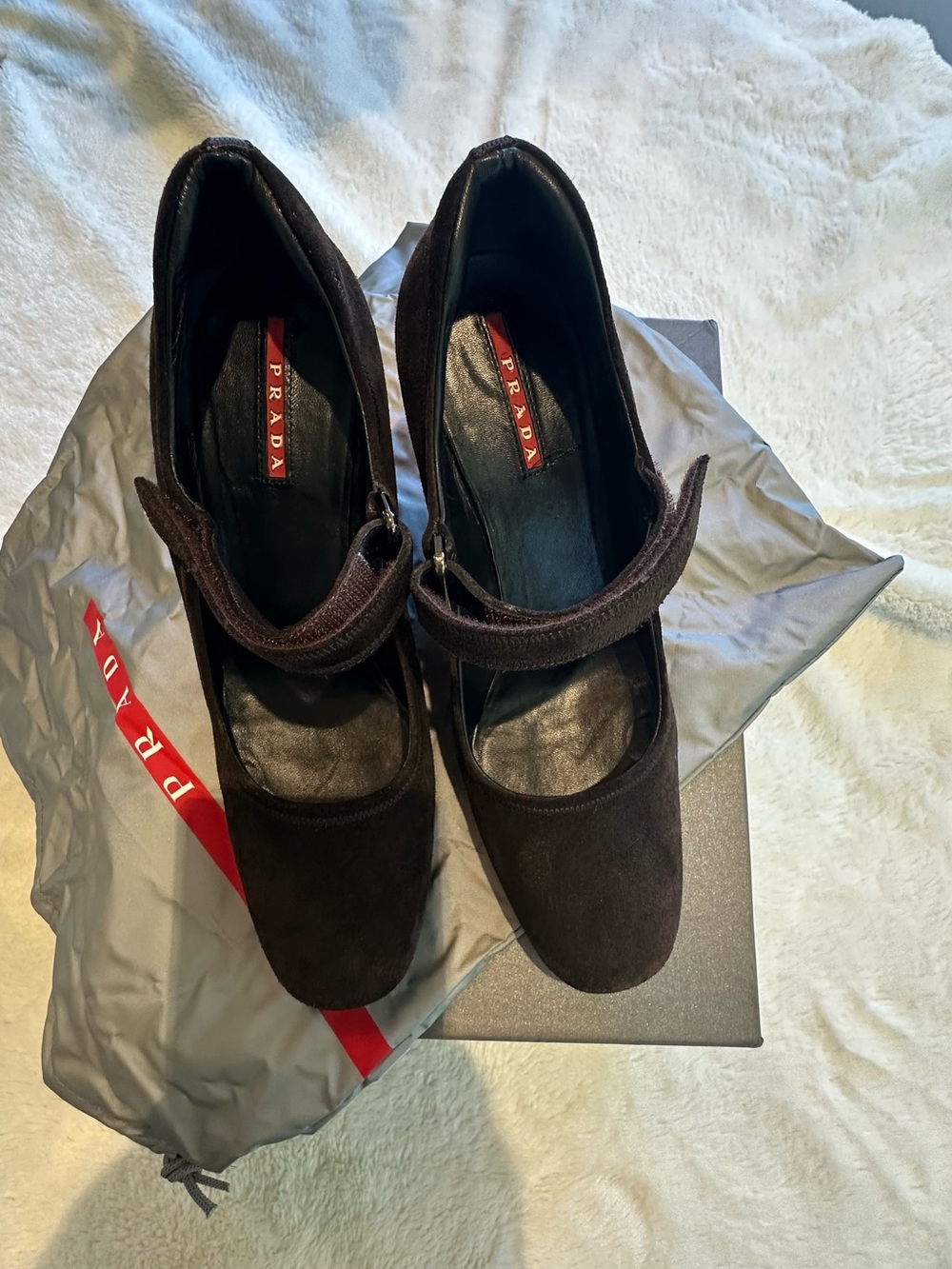 Authentic Prada Dark Brown Suede Mary Jane Wedge Pumps